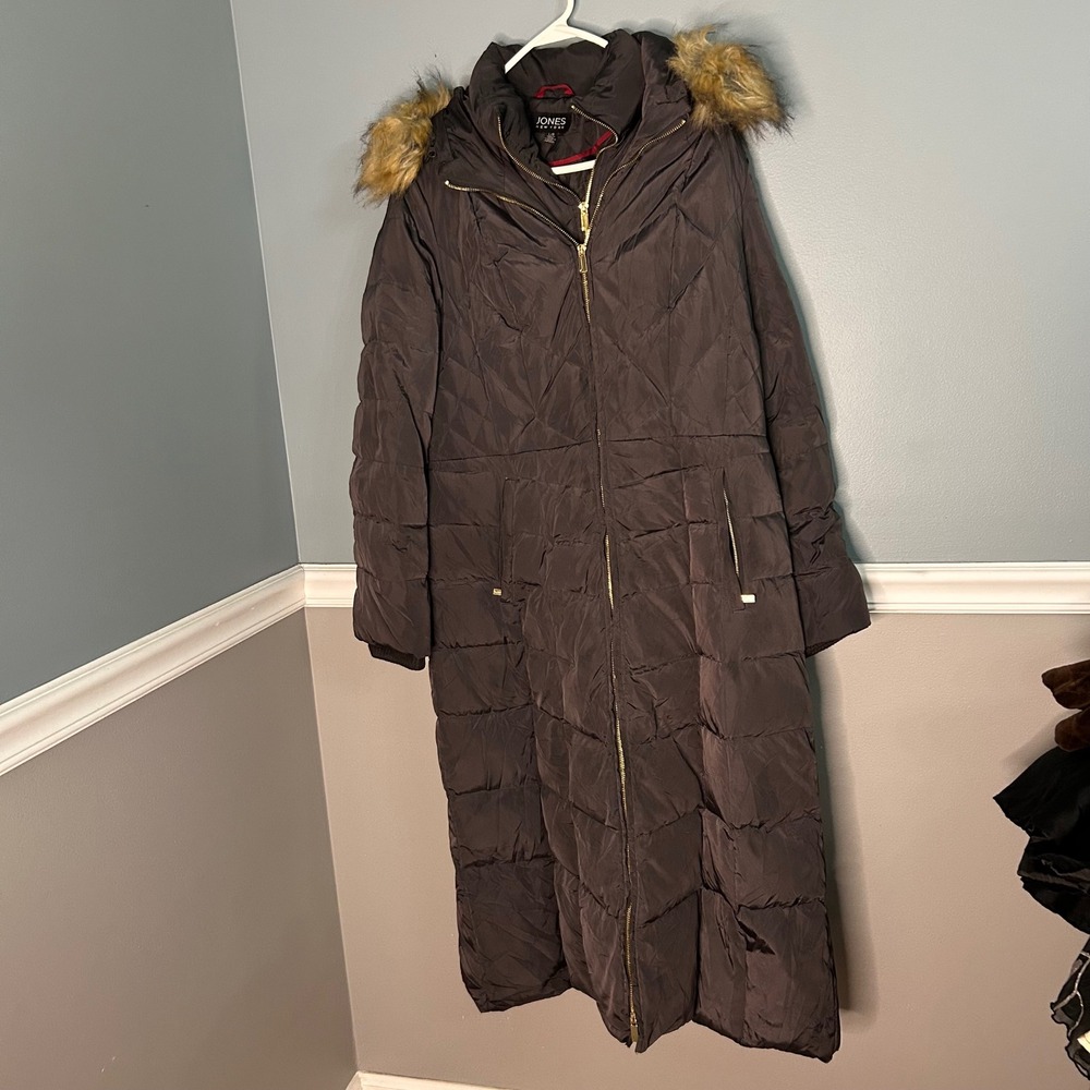 Jones New York Long Puffer Coat Down Fill Faux Fur Hood Parka Large
